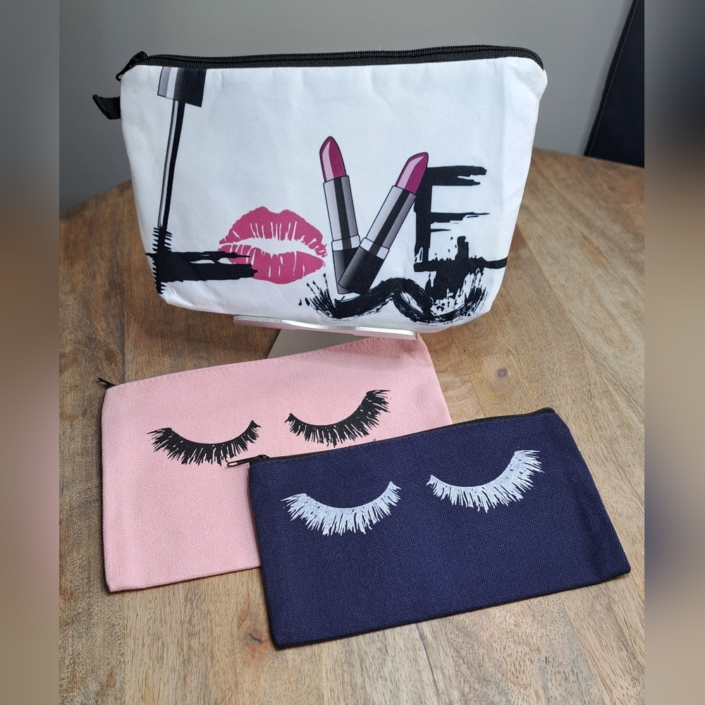 3 Piece Makeup Bag Set with Eyelash Design Love Bundle NWOT